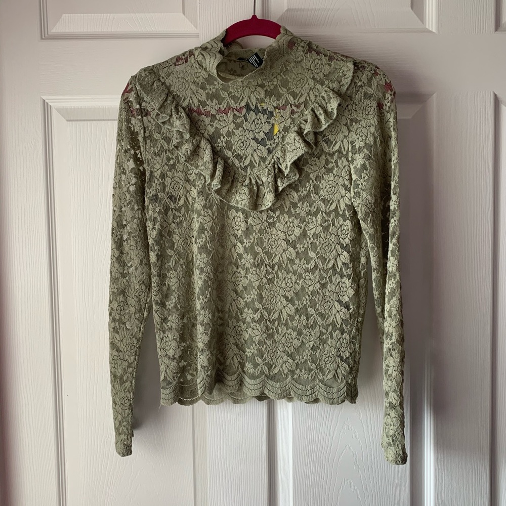 NWT Sage Green See-Thru Lace Top with Ruffles